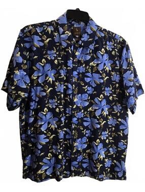 TailorByrd Men's Short Sleeve Floral Button-Up Shirt Linen Blend Size L